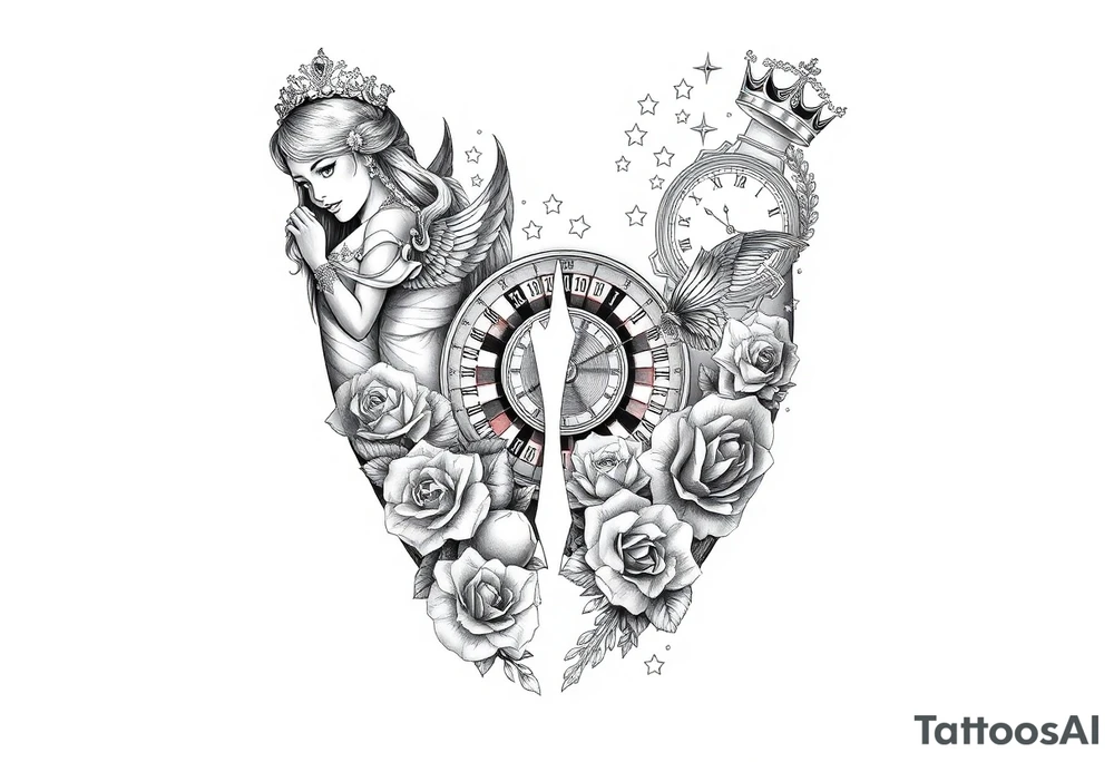 Roulette casino and princess and cross, baby angels, roses and clock and stars and fish, crown tattoo idea