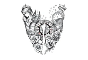 Roulette casino and princess and cross, baby angels, roses and clock and stars and fish, crown tattoo idea