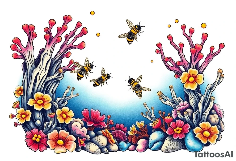 Coral reef scene with honey bees swimming tattoo idea