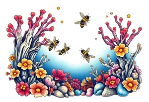 Coral reef scene with honey bees swimming tattoo idea