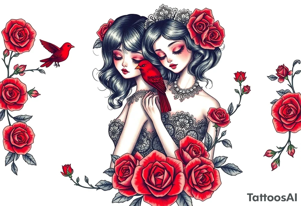 Vintage dollies, red roses, lace, red bird, vintage, wrap around, tighter together, no space open tattoo idea