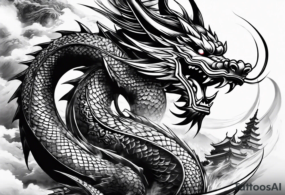 Dragón and samurai in zen circule, tori gate tattoo idea
