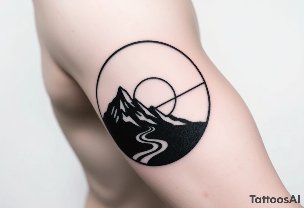mountains. river and sunrise, let it all be inside one circle. draw a line and divide the circle into two parts, let one part be like day and the other part like night tattoo idea