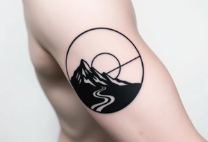 mountains. river and sunrise, let it all be inside one circle. draw a line and divide the circle into two parts, let one part be like day and the other part like night tattoo idea
