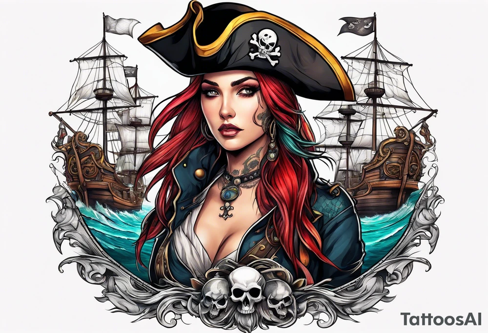 sexy female pirates with a group of skull pirates and a sea monster tattoo idea