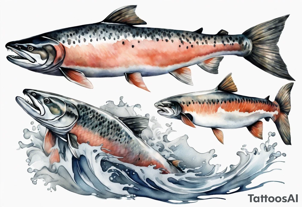realistic salmon in grey water tattoo idea