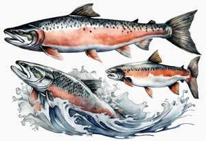 realistic salmon in grey water tattoo idea