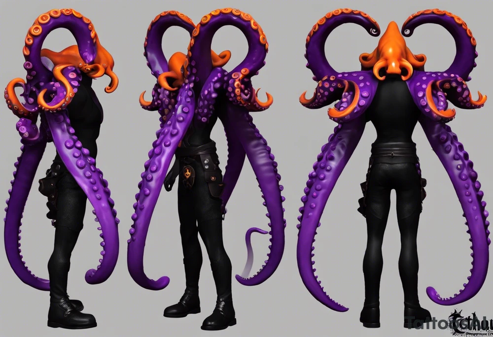 Cthulu/Kraken/Octopus

Black and Violet/Purple + Orange eyes
Head to be on right pec
9 Tentacles
Have 3 tentacles in a spiral for each right shoulder head
Have 1 tentacle on in a spiral for right bicep
Have 3 tentacles contouring the tricep, twirling down and around my right forearm
Have 2 tentacles wrapped around under my collar and double helix down my spinal column tattoo idea