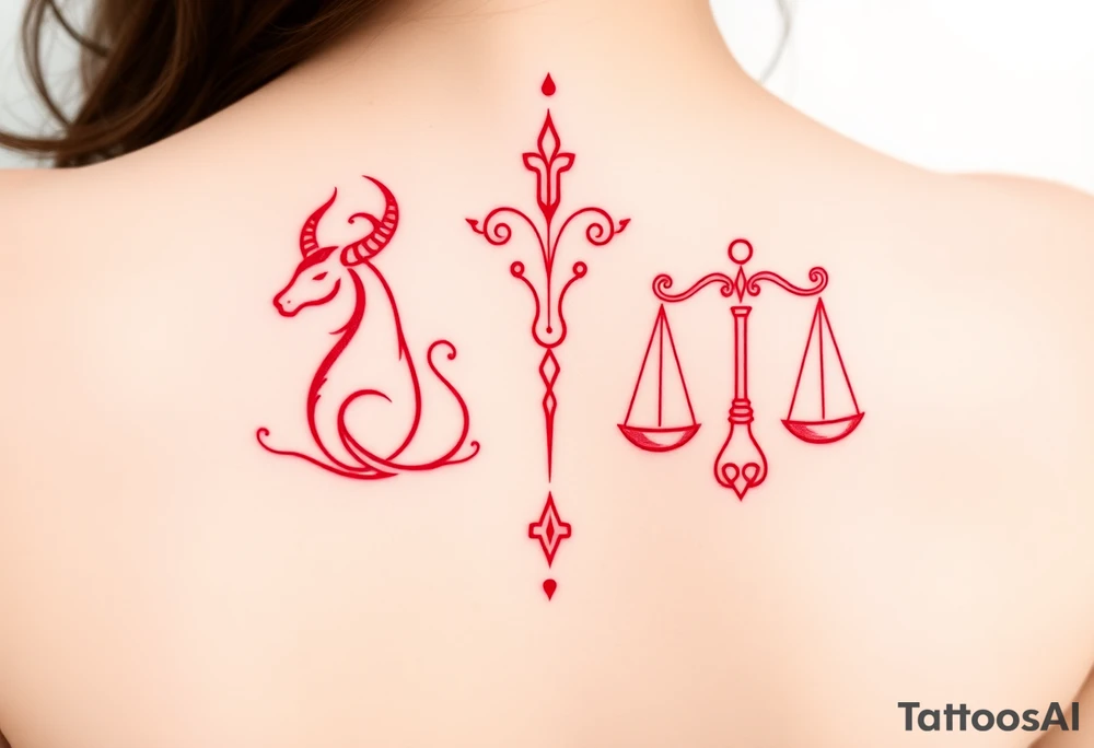Tattoo that combines the star sign Taurus and Libra ,in red , down the spine tattoo idea