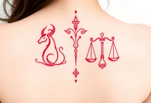 Tattoo that combines the star sign Taurus and Libra ,in red , down the spine tattoo idea