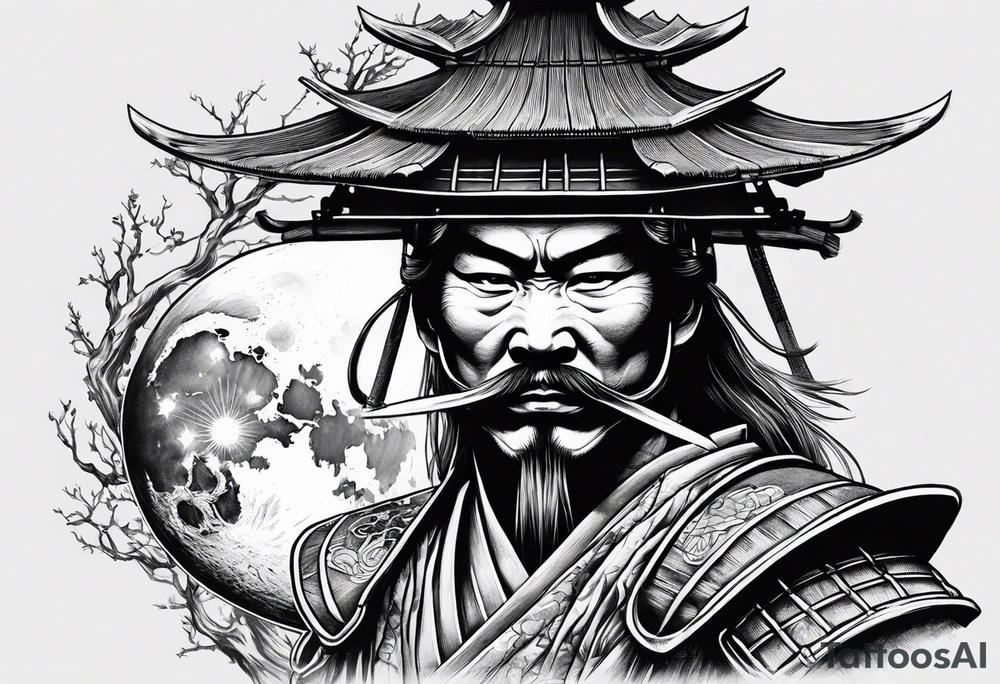 samurai with helmet with quarter moon and dead tree in the background tattoo idea