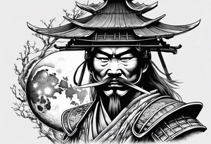 samurai with helmet with quarter moon and dead tree in the background tattoo idea