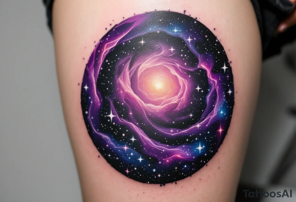 A galaxy-filled circle in purple, indigo, and black, with specks of white stars. tattoo idea