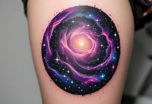 A galaxy-filled circle in purple, indigo, and black, with specks of white stars. tattoo idea