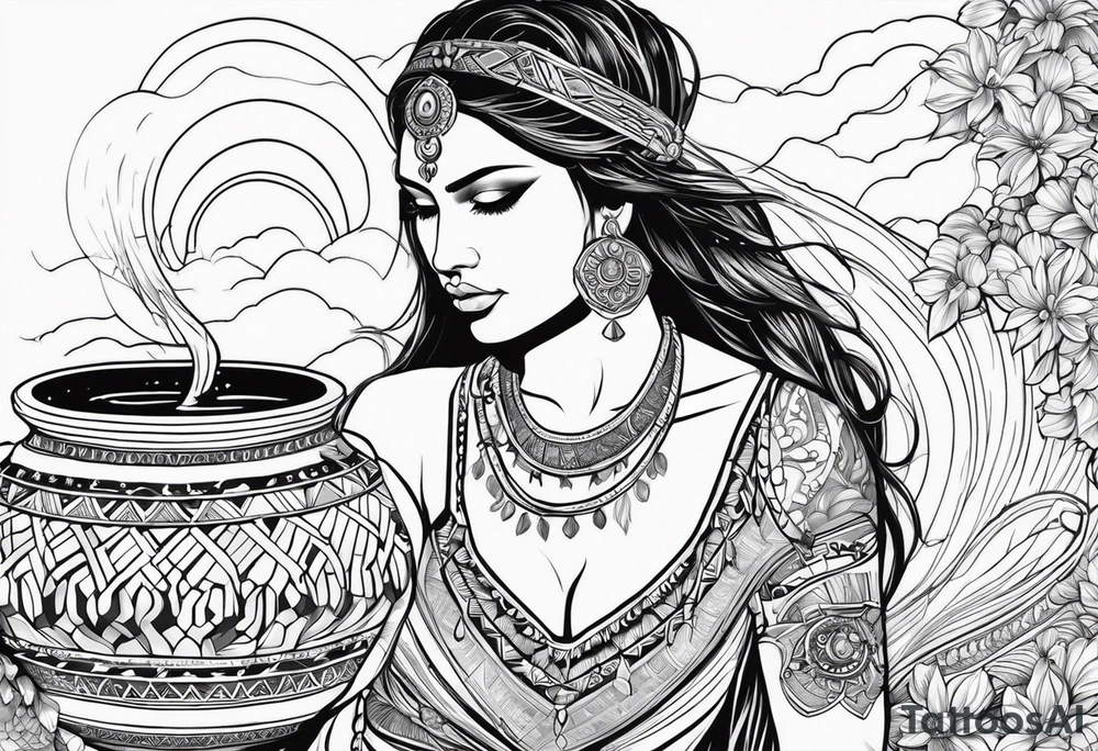 Aquarius water barrer she has a roman pot she is filling with water by a water fall she is native American dark eyes,tattoos her body covered with a silky material and her beauty is blinding tattoo idea