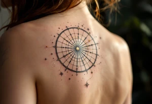 A storybook wheel with an enchanted twist, floating mid-air, spinning golden thread, surrounded by sparkling stars and silver dust (no glow effect). tattoo idea