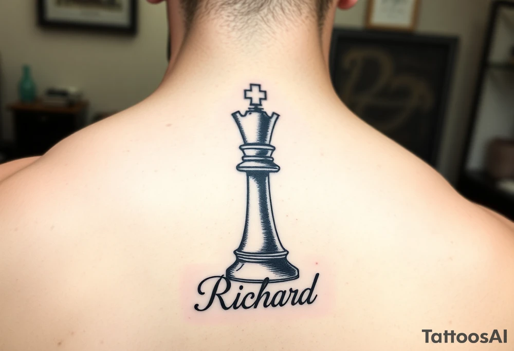 A king chess piece with the name Richard incorporated into the bottom of the piece tattoo idea