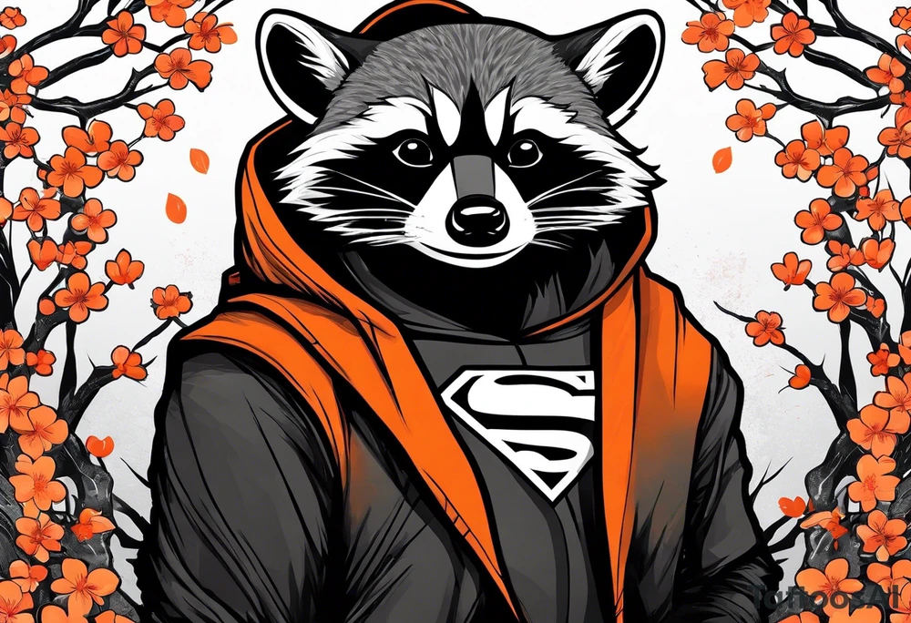 Raccoon wearing a white Superman logo on a black hoodie and orange Japanese cherry blossoms beside tattoo idea