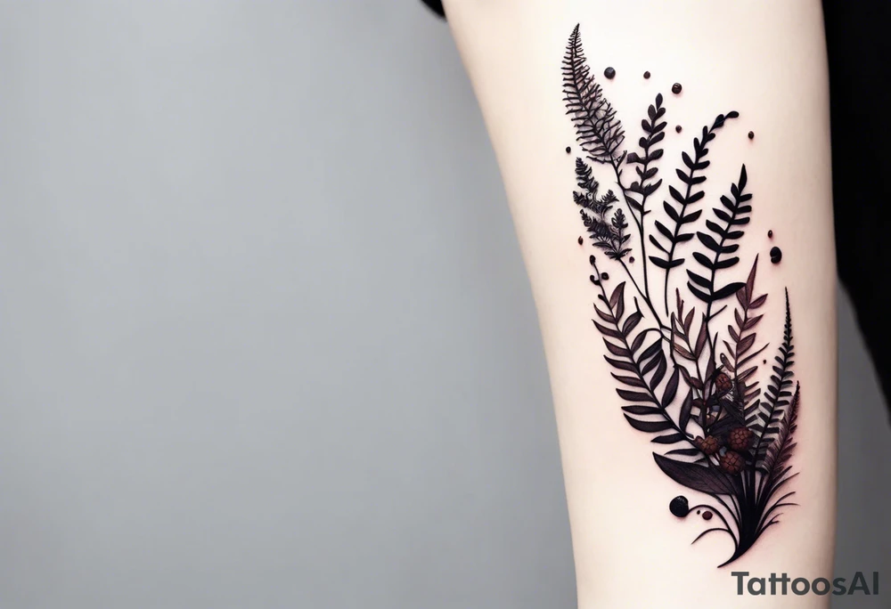 forest floor inspired minimalist tattoo, which includes grass, curly ferns, moss and dead leaves as the bulk of the tattoo. details to include: forest berries, a tiny bumblebee flying nearby, three small brown mushrooms
Generate a vertically long one tattoo idea