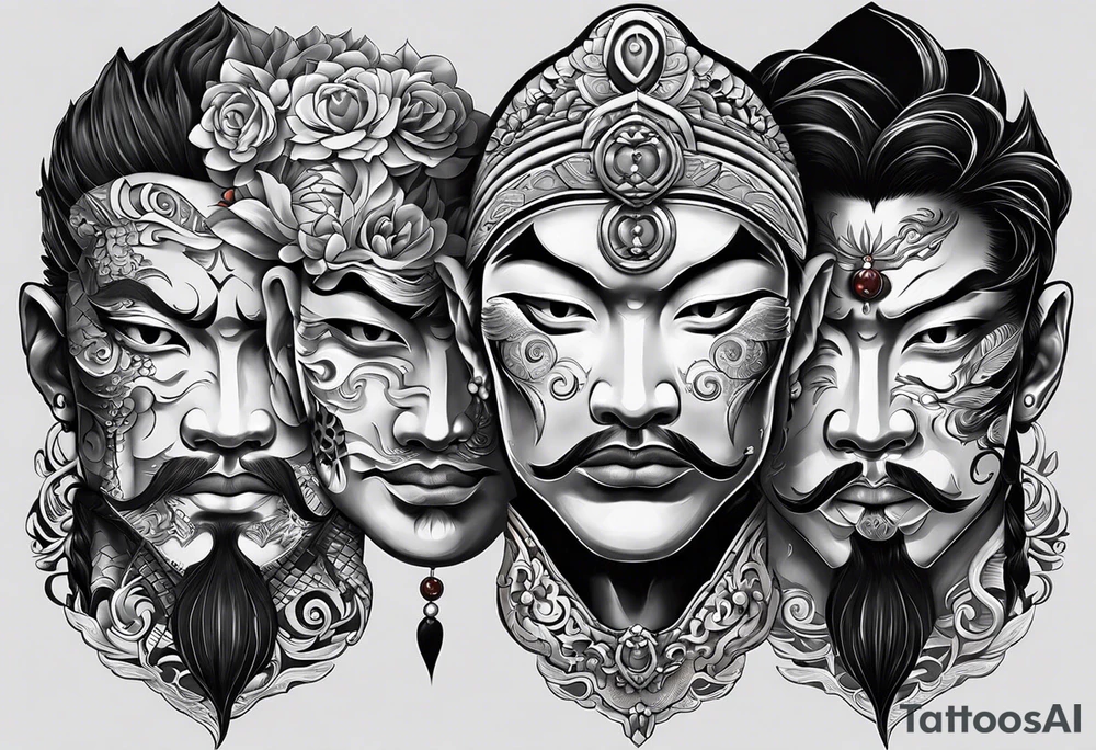 The Japanese say you have three faces. The first face, you show to the world. The second face, you show to your close friends and your family. The third face, you never show anyone.

make it for a chest piece and make it darker

make it three different faces but connect there necks tattoo idea