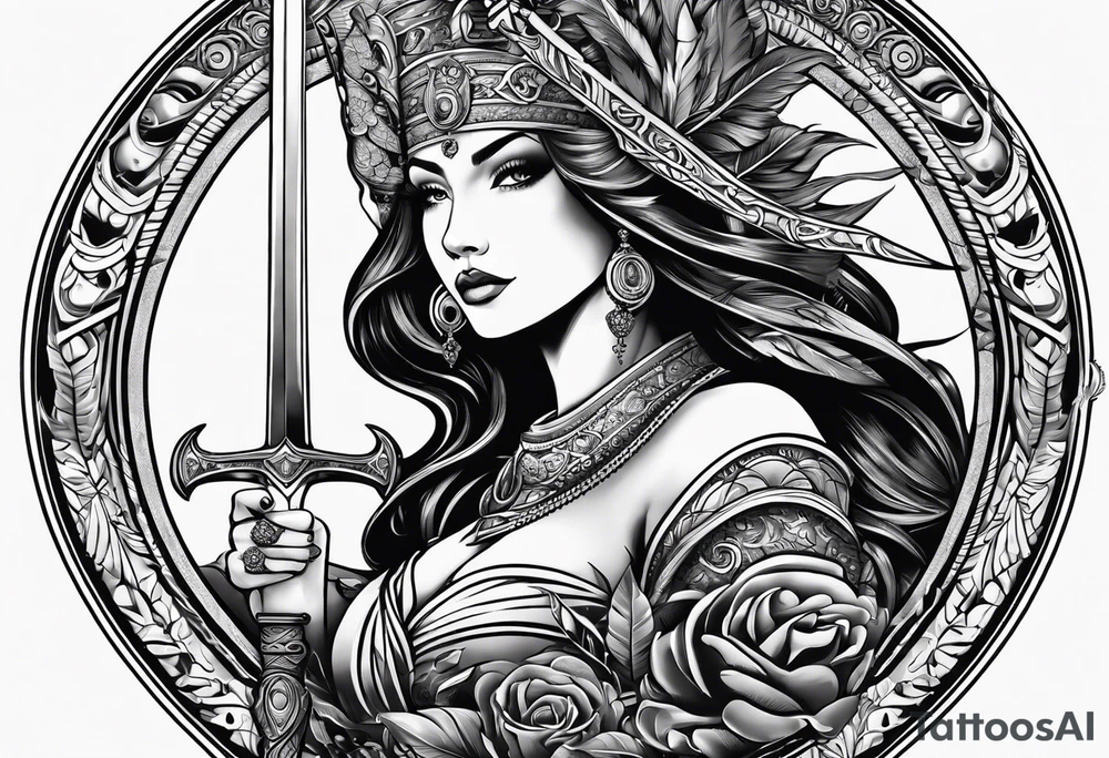 with lady juctice emblem a sword and a scale tattoo idea