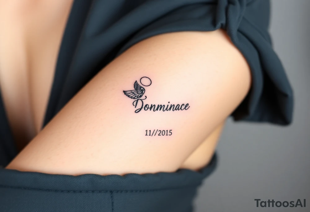 dainty angel wings with name Dominique and date 11/26/2015 tattoo idea