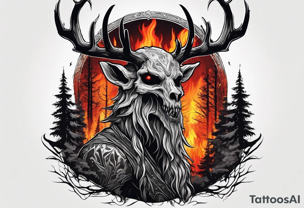 A scary terrifying horrifying rotting bone lore accurate wendigo side profile surrounded by a forest fire in background tattoo idea