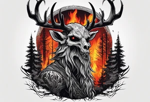 A scary terrifying horrifying rotting bone lore accurate wendigo side profile surrounded by a forest fire in background tattoo idea