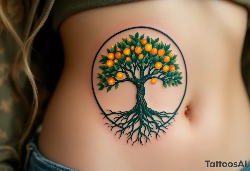 A forest green tree of life inside a round frame of braided roots and glowing amber fruits. tattoo idea
