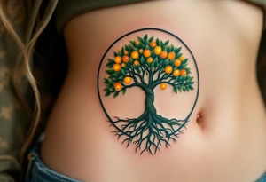 A forest green tree of life inside a round frame of braided roots and glowing amber fruits. tattoo idea