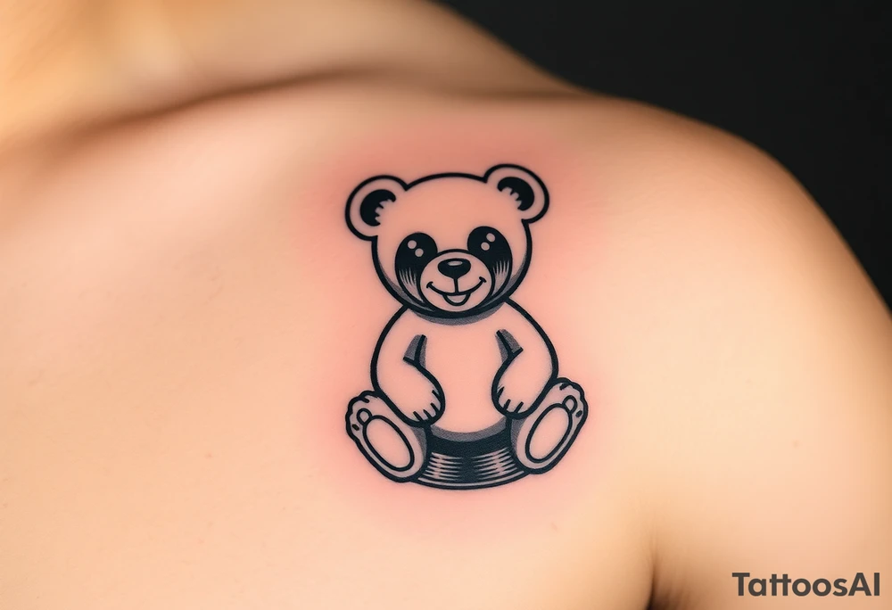 minimalist teddy bear with vinyl records as eyes smiling and sitting on a record tattoo idea