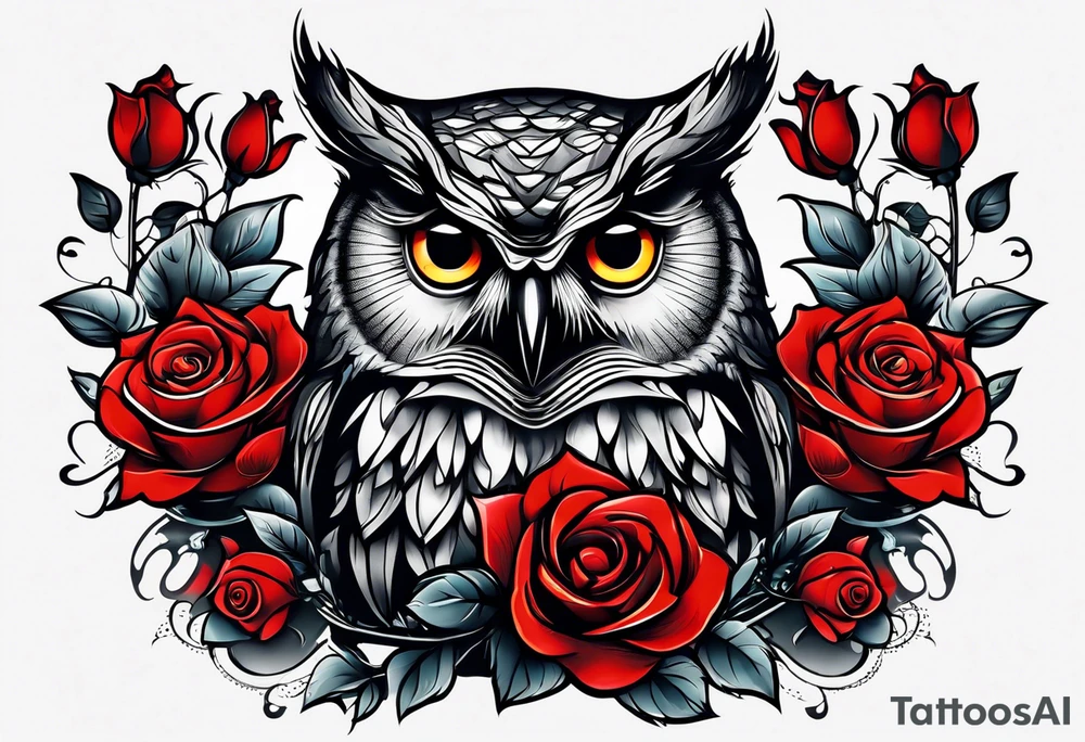 Color owl. 
Three red roses 
On the forearm tattoo idea