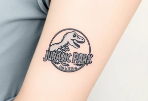Jurassic Park logo with the dinosaur holding a big stick but with "Life, uh, finds a way" instead of the words "Jurassic Park" tattoo idea