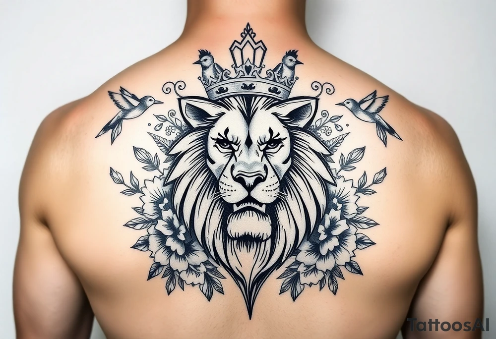 powerful majestic lion with a crown, surrounded by floral ornaments and birds tattoo idea