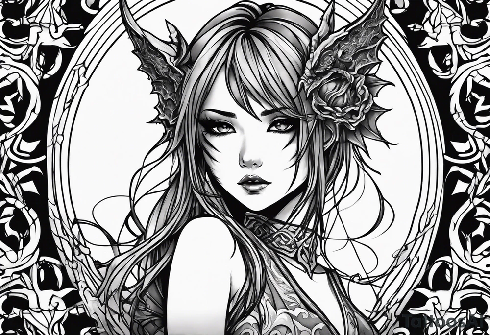 2 dimensional art of a bleeding anime girl surrounded by an asian gargoyle and barbed wire tattoo idea