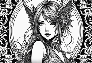 2 dimensional art of a bleeding anime girl surrounded by an asian gargoyle and barbed wire tattoo idea