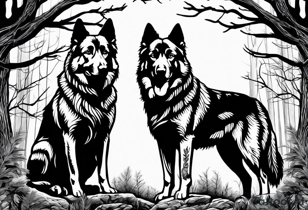 two norwegian elkhounds guarding a dark forest tattoo idea