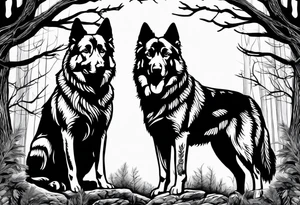 two norwegian elkhounds guarding a dark forest tattoo idea