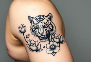 fierce tiger emerging through blooming lotus flowers in mist tattoo idea