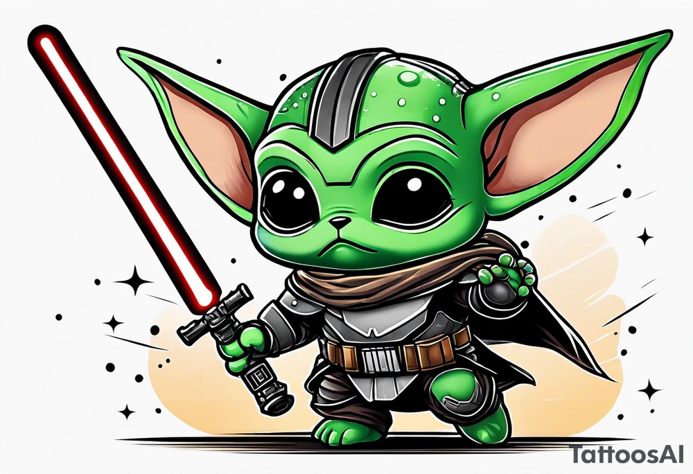 Baby grogu wearing mandalorian armor fighting Darth Vader while wielding a green lightsaber tattoo idea