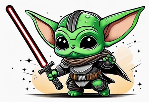 Baby grogu wearing mandalorian armor fighting Darth Vader while wielding a green lightsaber tattoo idea