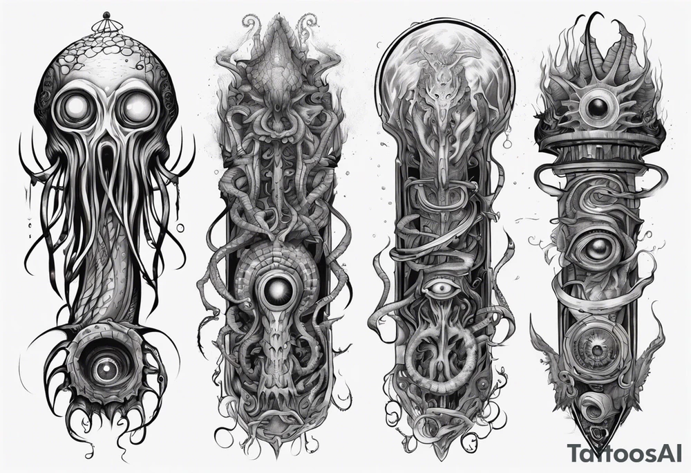 lovecraft long tattoo to put on the forearm, with eye and tentacle tattoo idea