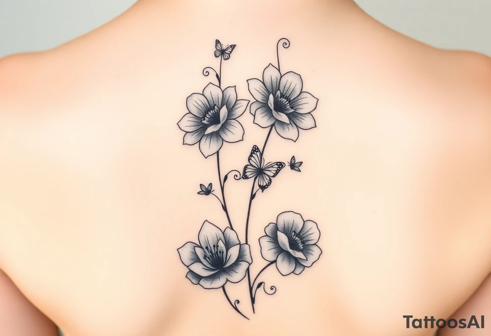 4 flowers vertical with small butterflies and swirls tattoo idea