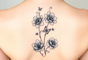 4 flowers vertical with small butterflies and swirls tattoo idea