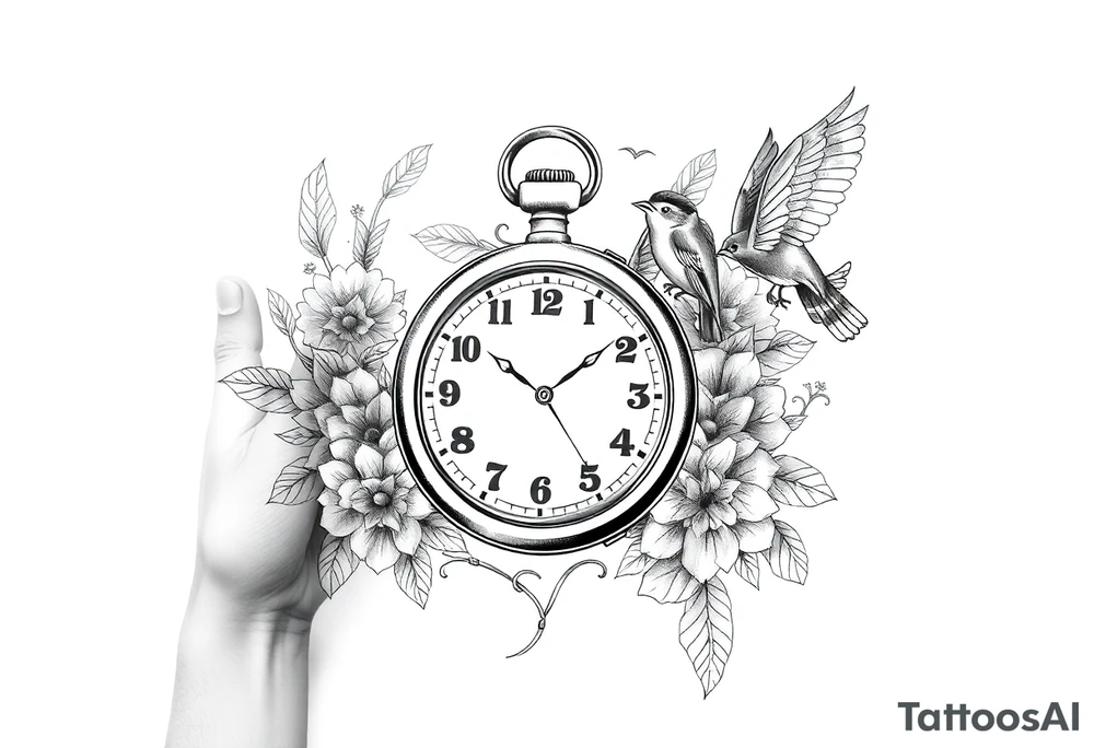 Pocket watch , surrounded by floral ornaments and birds tattoo idea