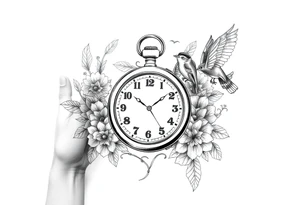 Pocket watch , surrounded by floral ornaments and birds tattoo idea