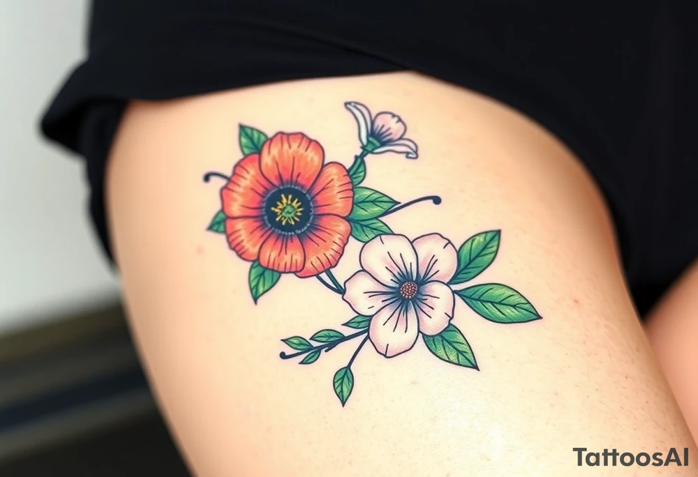 Fore arm tattoo in the neo american traditional style. I want to incorporate a few different flowers: Poppies, Morning Glory, Narcissus with green leaves in the background tattoo idea