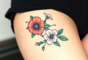 Fore arm tattoo in the neo american traditional style. I want to incorporate a few different flowers: Poppies, Morning Glory, Narcissus with green leaves in the background tattoo idea