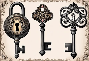 couple tattoos of an old antique key and lock, when the tattoos are side by side they look like the key unlocks the lock. tattoo idea