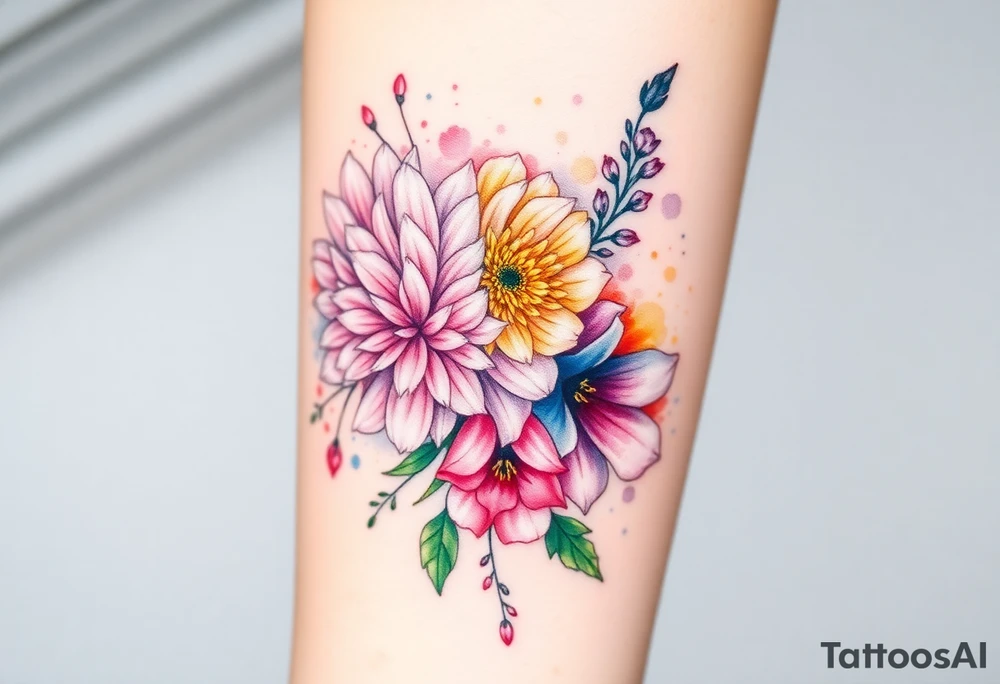 Chrysanthemum, peony, and larkspur bundle with colour splashes. tattoo idea